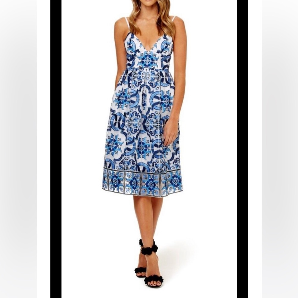 KOOKAI Donatella White Blue Embroidered Cocktail Midi Dress - Picture 8 of 15